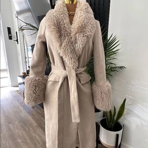 Luxurious Tan Faux Fur Trimmed Penny Lane Style Coat